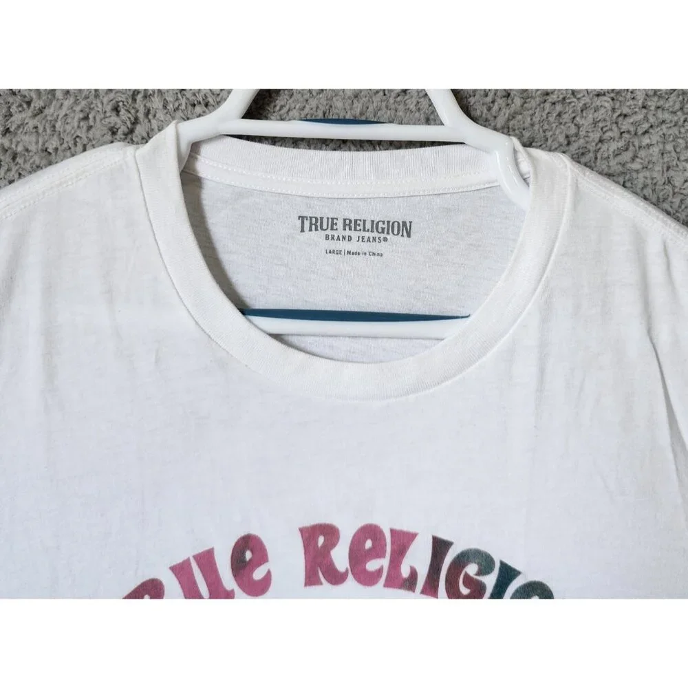 True Religion White Tie Dye Print Rainbow Buddha Logo Tee T Shirt‎ Size Large